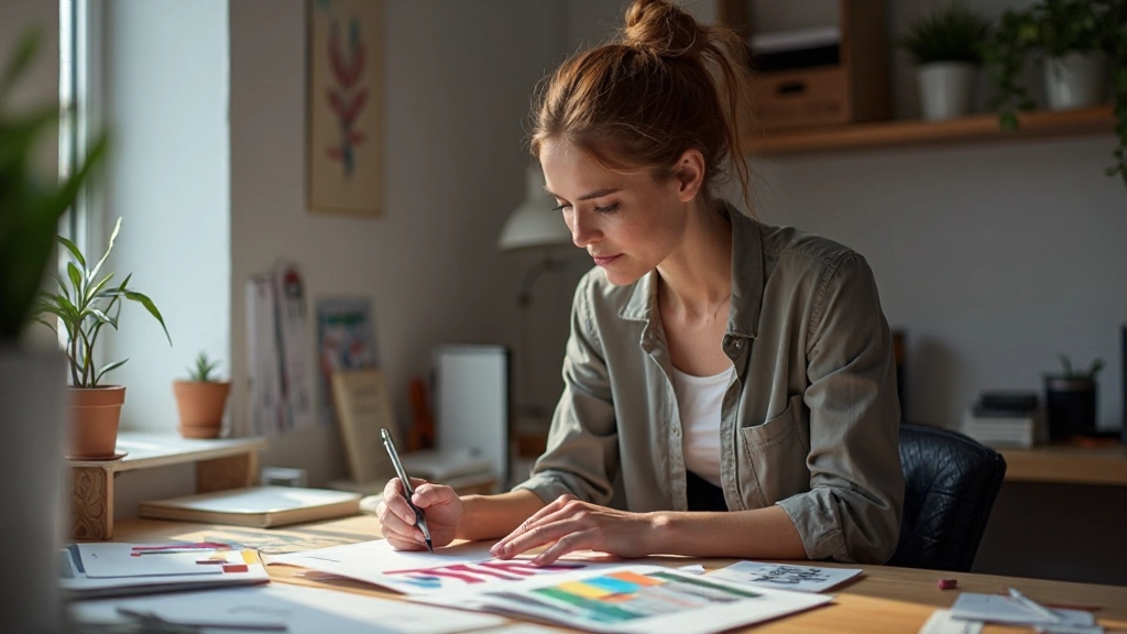 UI designer selecting color palette and typography samples for website brand identity